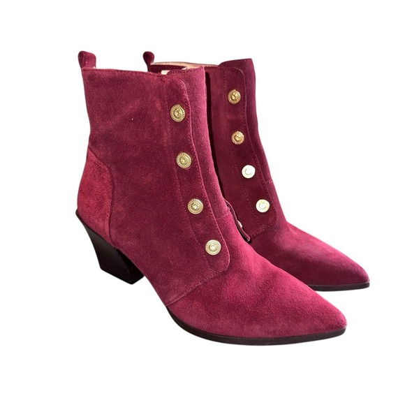 Nine West Wellsworth 7.5 Burgundy Ankle‎ Boots Gold Button Renaissance Old Money - Picture 2 of 10